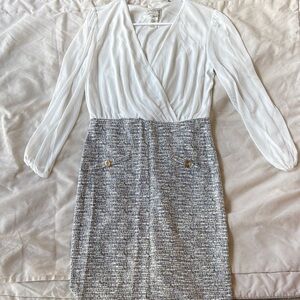 Chiffon Wrap-Front Blouse with Tweed Skirt Dress